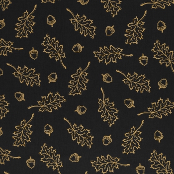 Baumwolldruck  Happy Harvest Laubblätter, Eicheln auf  schwarz