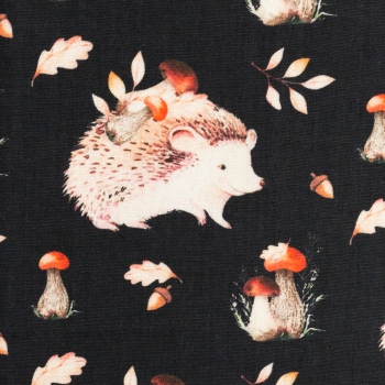 Preview: Baumwolldruck  Happy Harvest Igel, Laub, Pilze auf schwarz