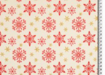 Baumwolle Weihnachten rote Schneekristalle auf beige mit Goldglitzer