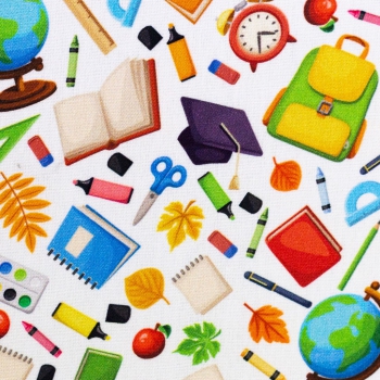 Preview: Baumwolle Kim Schulsachen weiß