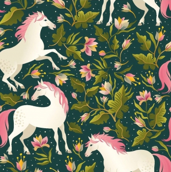 Baumwolljersey Anastasia Pferde mit rosa Mähne auf grün