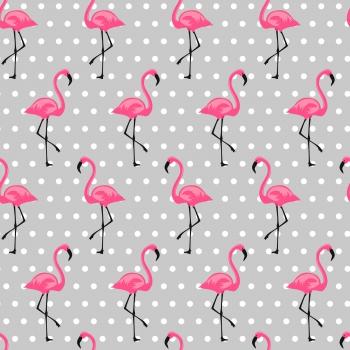 Baumwolldruck  Flamingos auf grau mit weissen Punkten