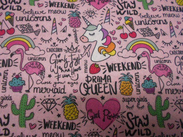 Baumwolldruck Einhörner rosa