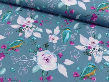 Baumwolldruck  Kolibri mit Blumen