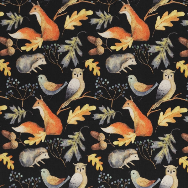 Baumwolldruck  Happy Harvest Waldtiere schwarz