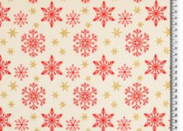 Baumwolle Weihnachten rote Schneekristalle auf beige mit Goldglitzer
