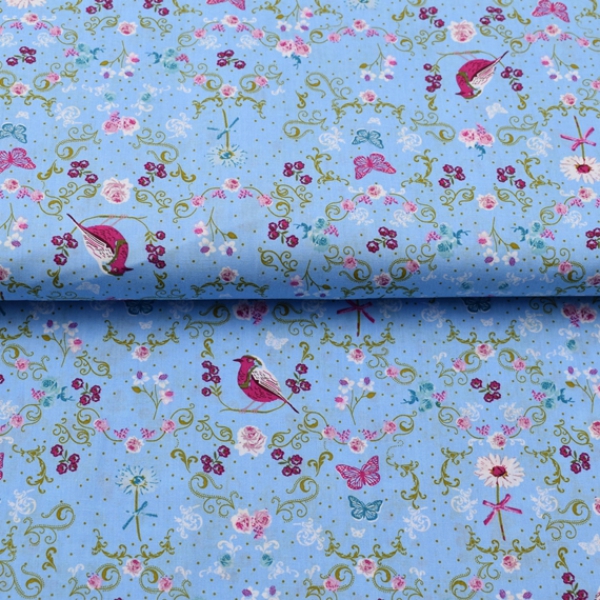 Baumwolle Vögelchen blau Reststück 90 cm