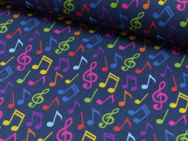 Baumwolldruck bunte Noten auf blau