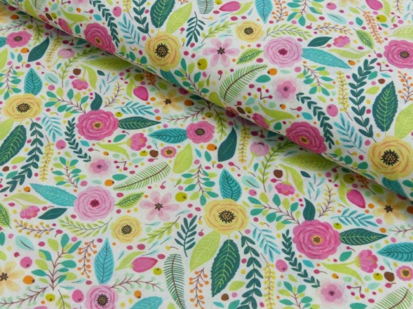 Baumwolldruck Frühling  Blumen, Blätter