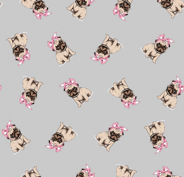 Baumwolldruck Mops grau