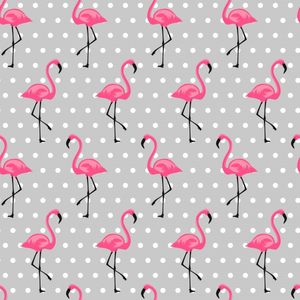 Baumwolldruck  Flamingos auf grau mit weissen Punkten