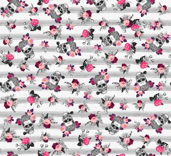 Baumwolldruck  Timo Totenkopf auf Streifen grau/weiß