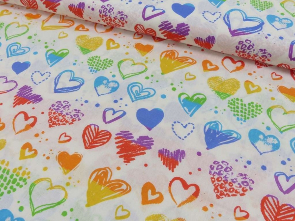 Baumwolldruck bunte Herzen auf weiß
