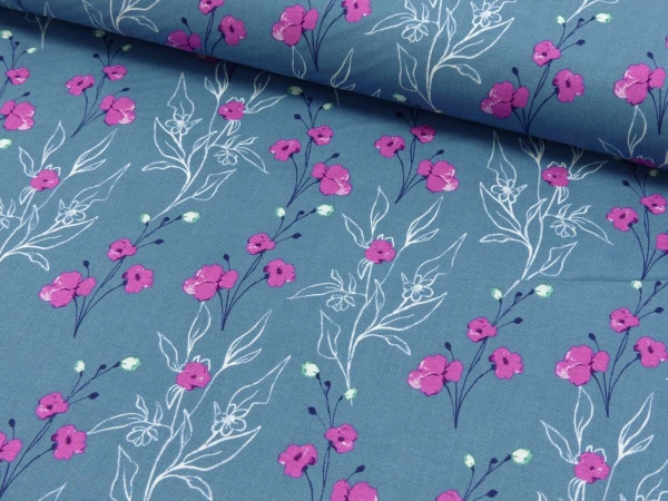 Baumwolldruck  Blumen pink auf grau