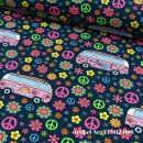 Baumwolljersey Neon Hippie Bus und Peace Reststück 90 cm